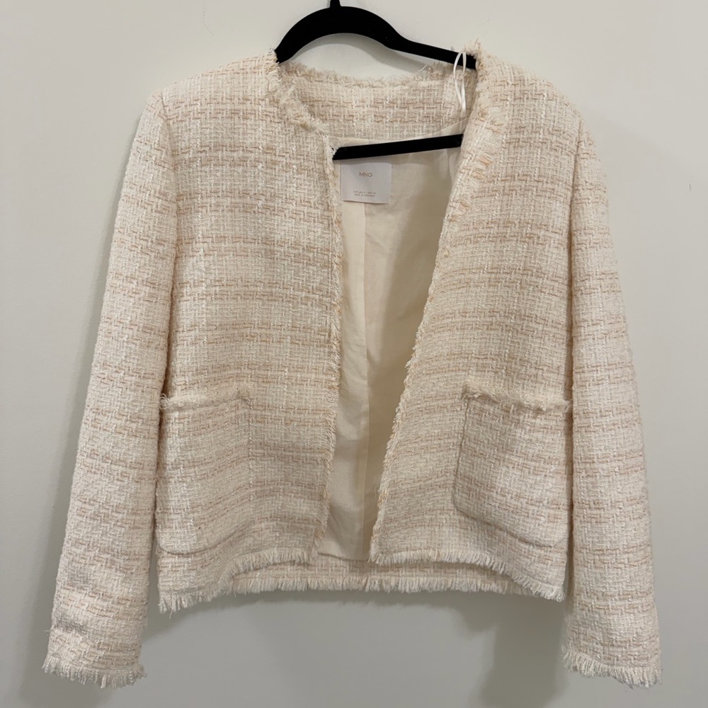 Mango (MNG) Tweed Plaid Blazer – Cream / Beige – Size S